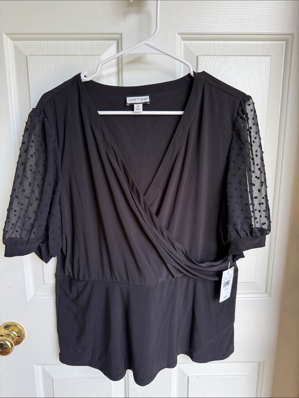Sam & Jess Black Wrap-Front Blouse with Sheer Dot Sleeves